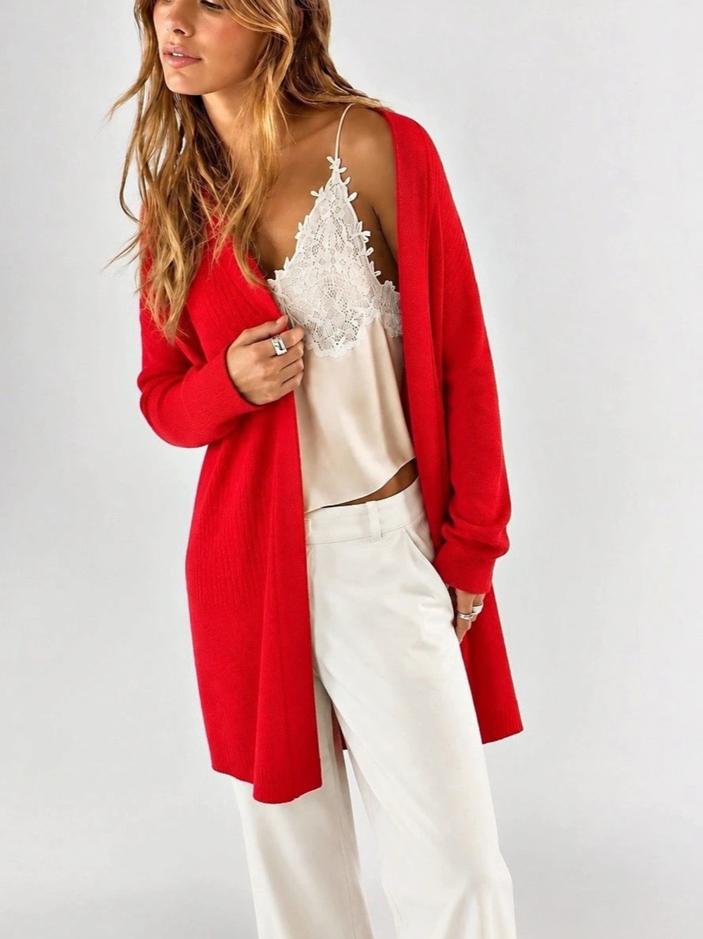 323. Cleo Petites Red Open Front Cardigan Size Small